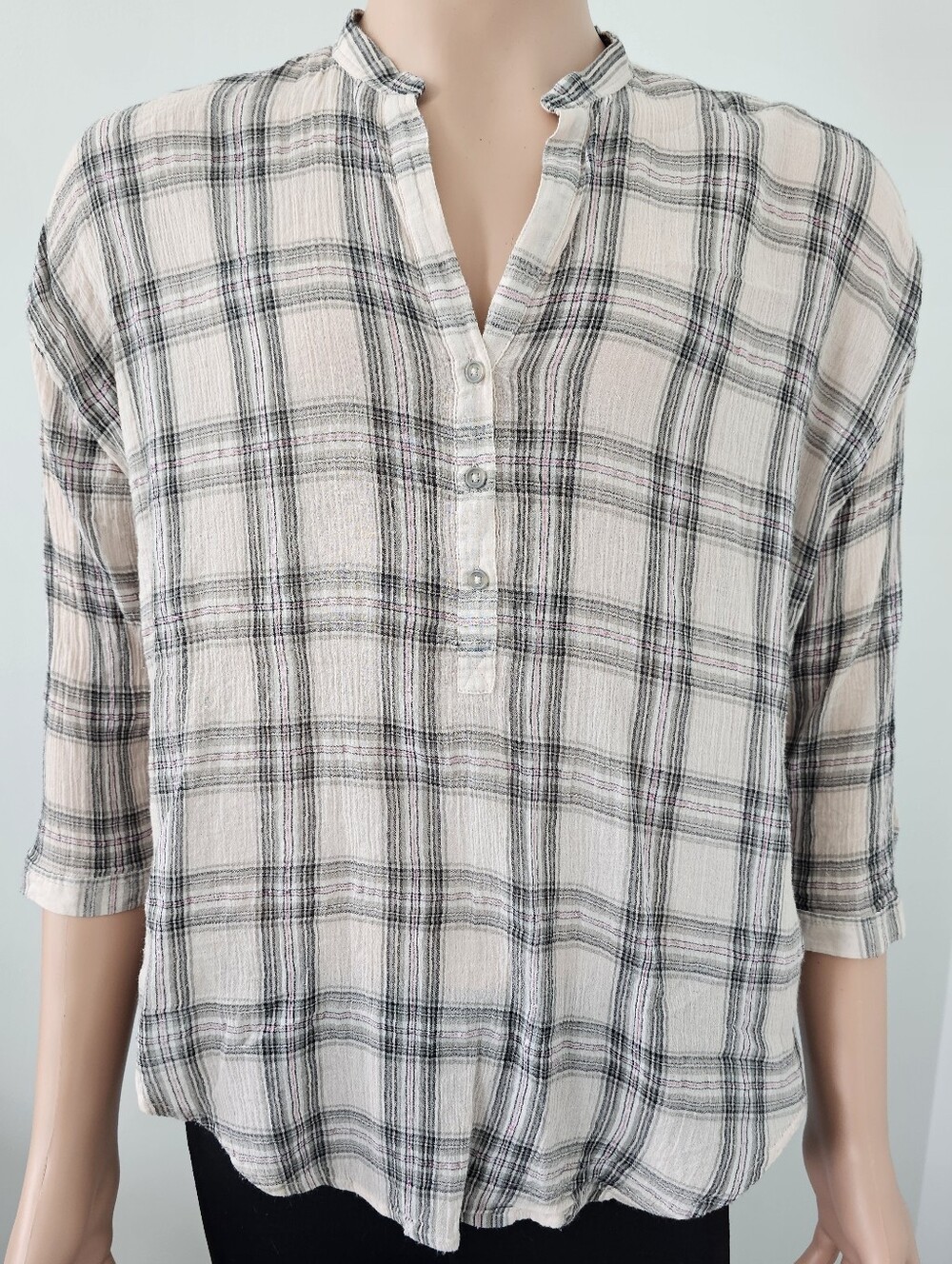 Lucky Brand 3/4 Sleeve Blouse Gauze Plaid | Size Medium